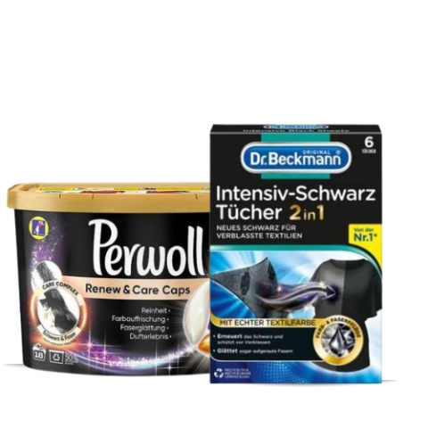 Niemiecki zestaw kapsułki Perwoll i chusteczki Dr Beckmann do prania czarnego