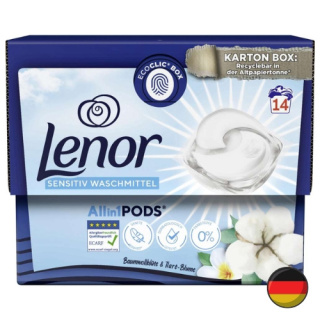 Lenor Sensitive All in 1 Uniwersalne Kapsułki do Prania Kwiat Bawełny Tiare Gardenia 14 szt. (Niemcy)