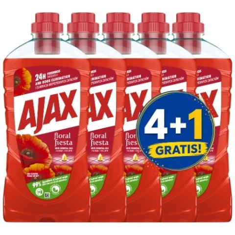 Ajax Płyn Uniwersalny do Podłóg Floral Fiesta z Olejkami Eterycznymi Polne Kwiaty 1l 4+1 PIĄTY GRATIS