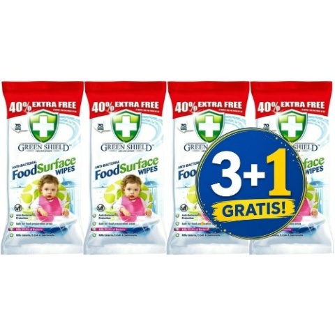 Green Shield Antybakteryjne Nawilżane Chusteczki Czyszczące 70 szt. 3+1 CZWARTY GRATIS