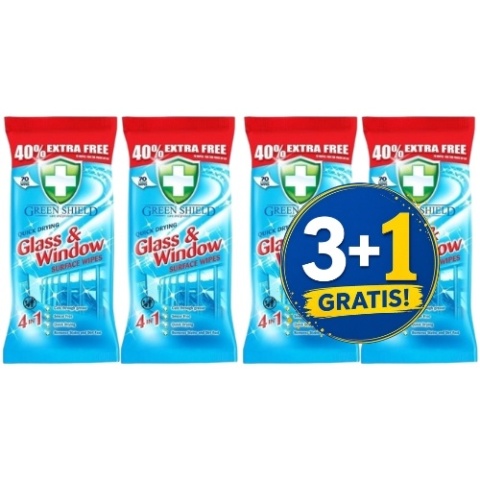 Green Shield Glass Nawilżane Chusteczki do Okien Szkła Luster Szybkoschnące 70 szt. 3+1 CZWARTY GRATIS