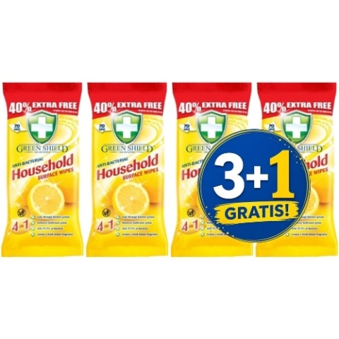 Green Shield Household Uniwersalne Chusteczki Nawilżane Antybakteryjne 70 szt. 3+1 CZWARTY GRATIS