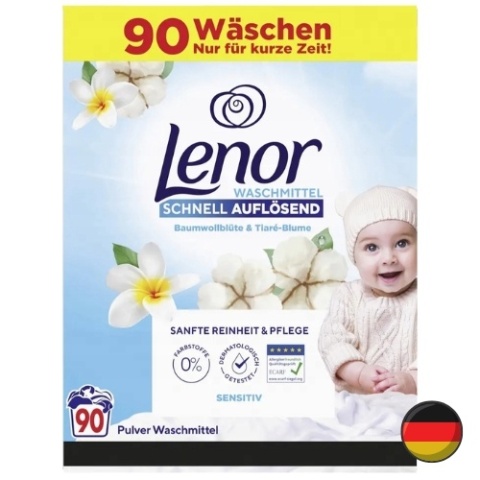 Lenor Sensitiv Delikatny Proszek do Prania dla Dzieci i Alergików Bawełna 90 prań (Niemcy)